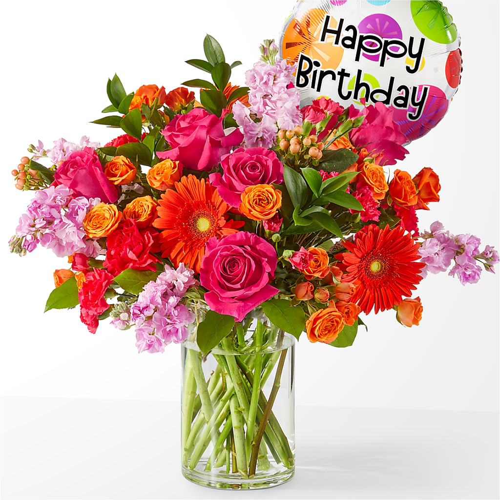 Fiesta Bouquet with Birthday Balloon – Samantha Rose Designs, Marietta GA