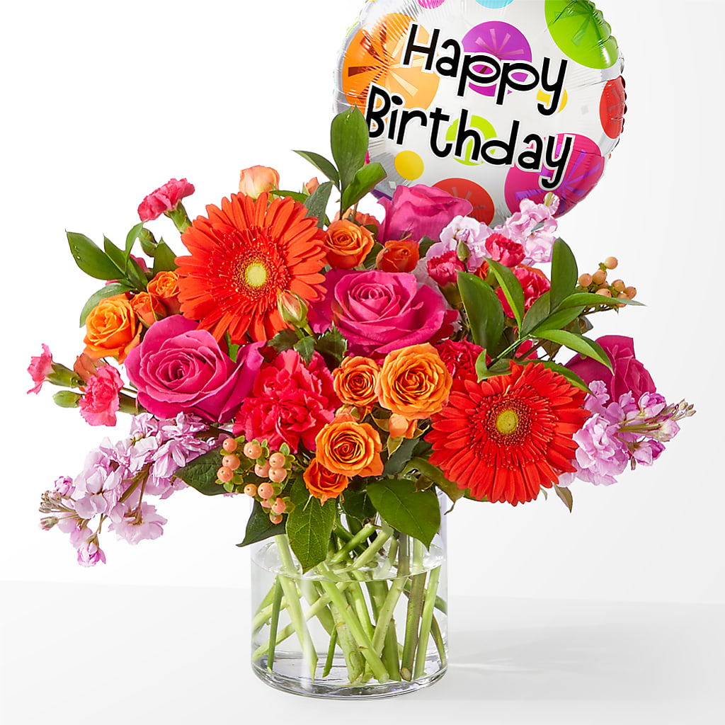 Fiesta Bouquet with Birthday Balloon – Samantha Rose Designs, Marietta GA